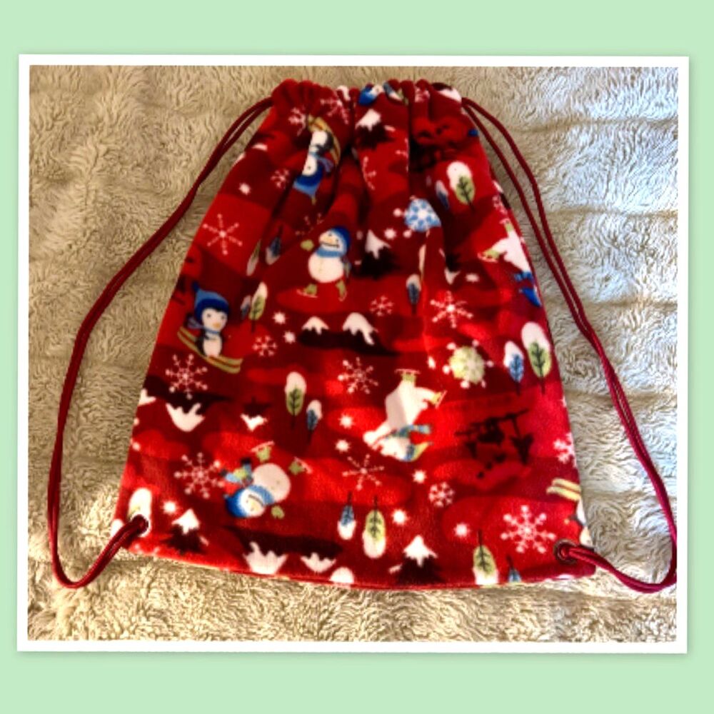 Red Fleece Christmas Drawstring Gift Bag